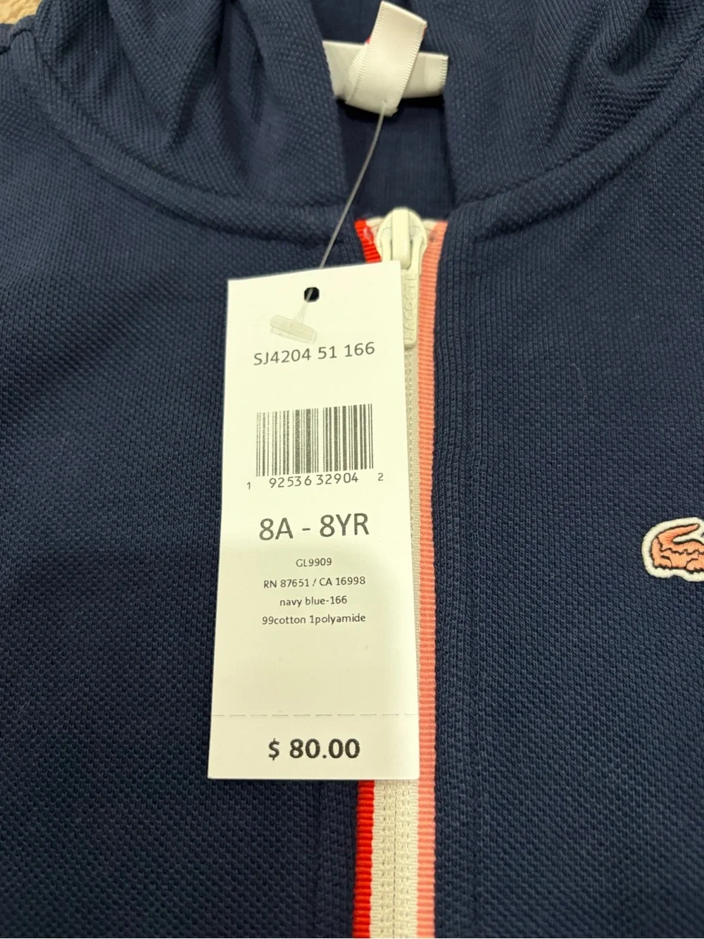 Lacoste Girls Navy Zip-Front Hooded Jacket with Red & White Trim